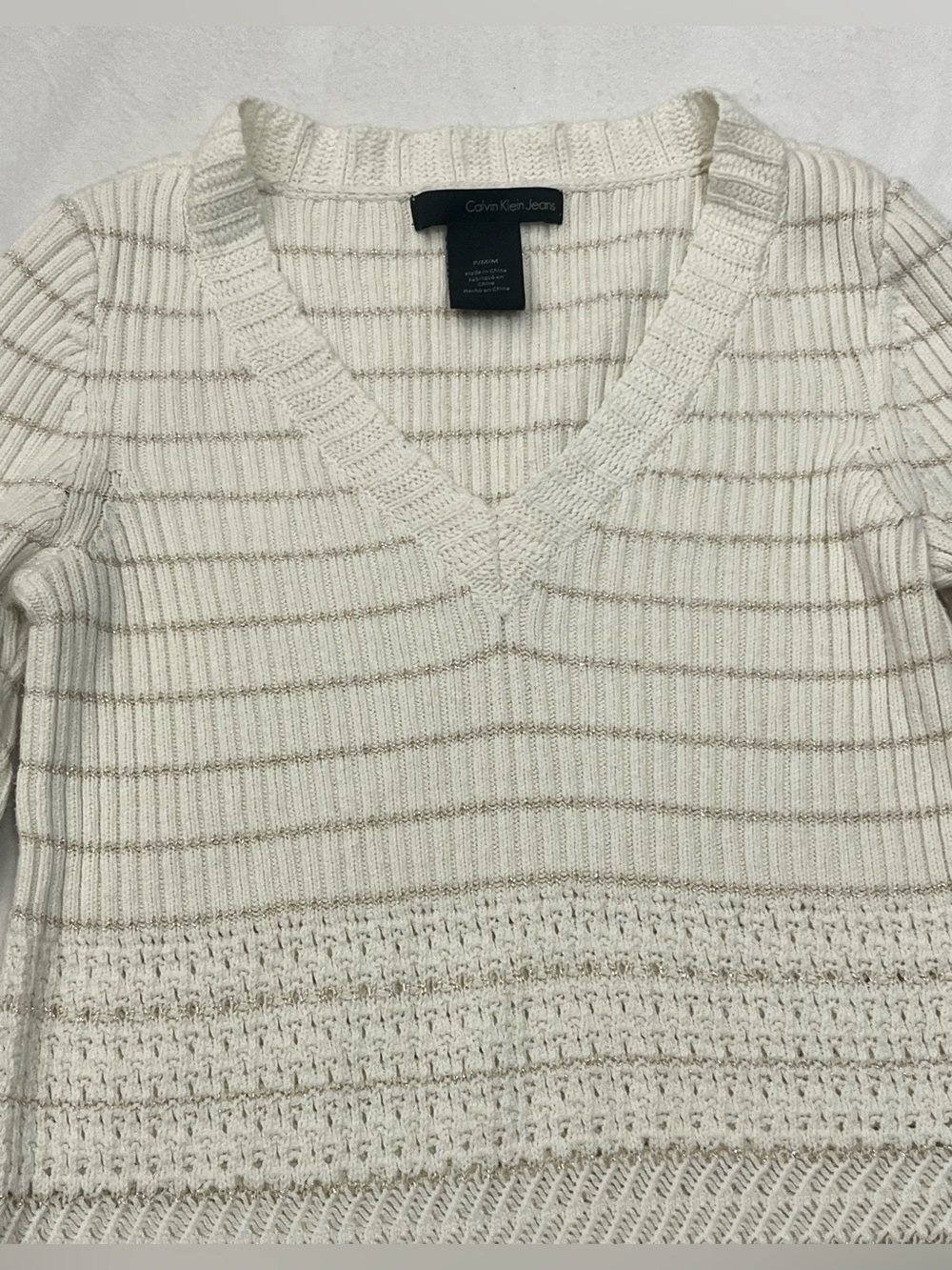 Calvin Klein Women’s 3/4 Sleeve Cream Gold Knit Cotton Blend Sweater Petite Med - Picture 4 of 16